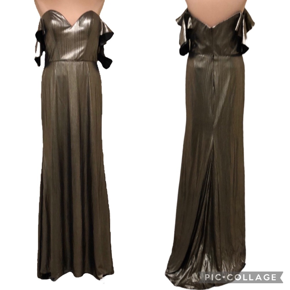 NWOT Simply Formal Gold Black Metallic Ruffle Off Shoulder Sheath Gown Size 14